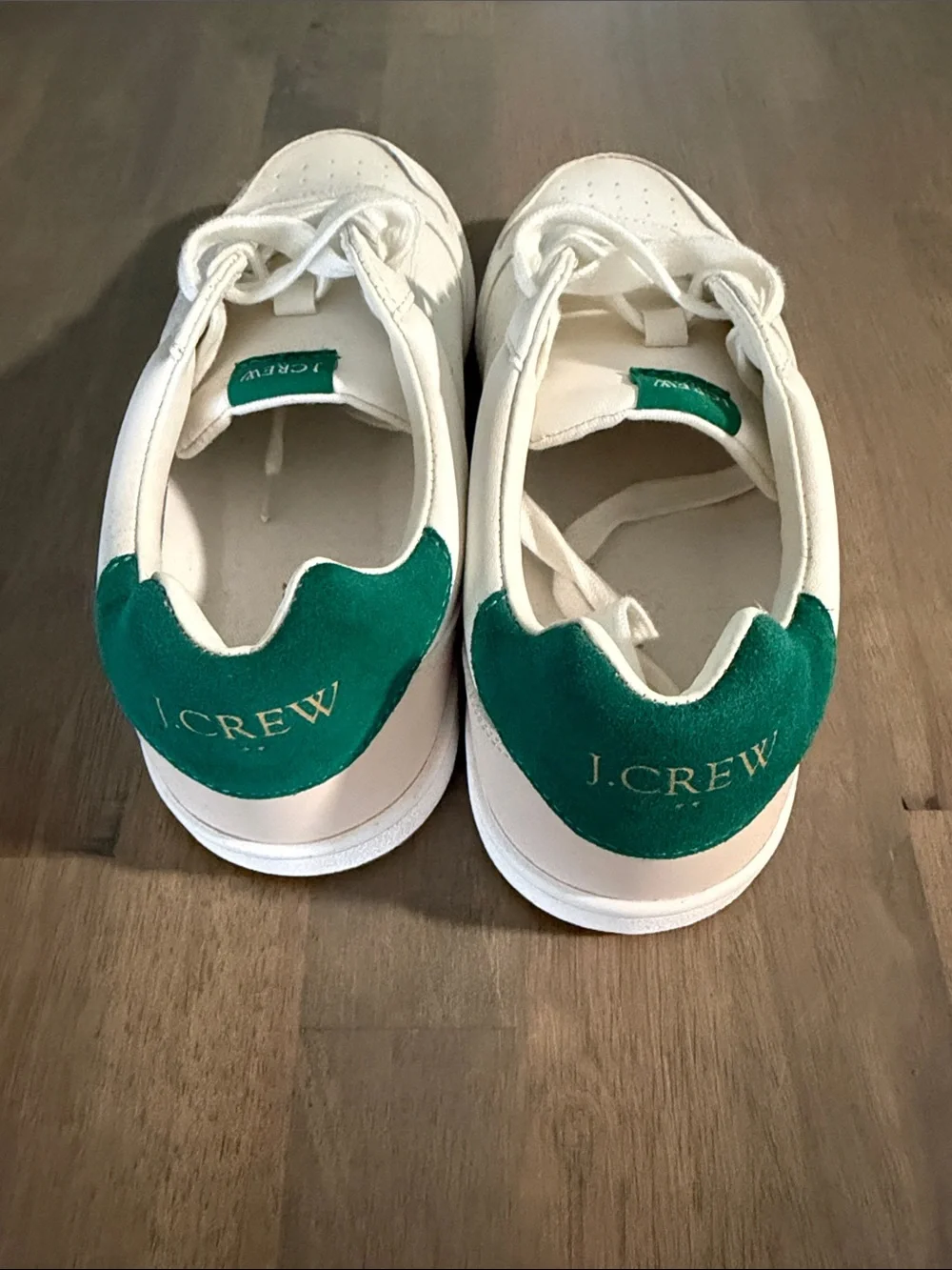J. Crew White Leather Sneakers with Green Heel Accent